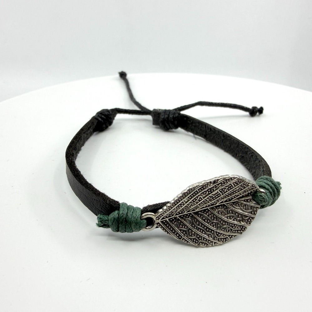 Y2K Boho Leaf Bracelet Silver Tone Leather Adjustable Wristband